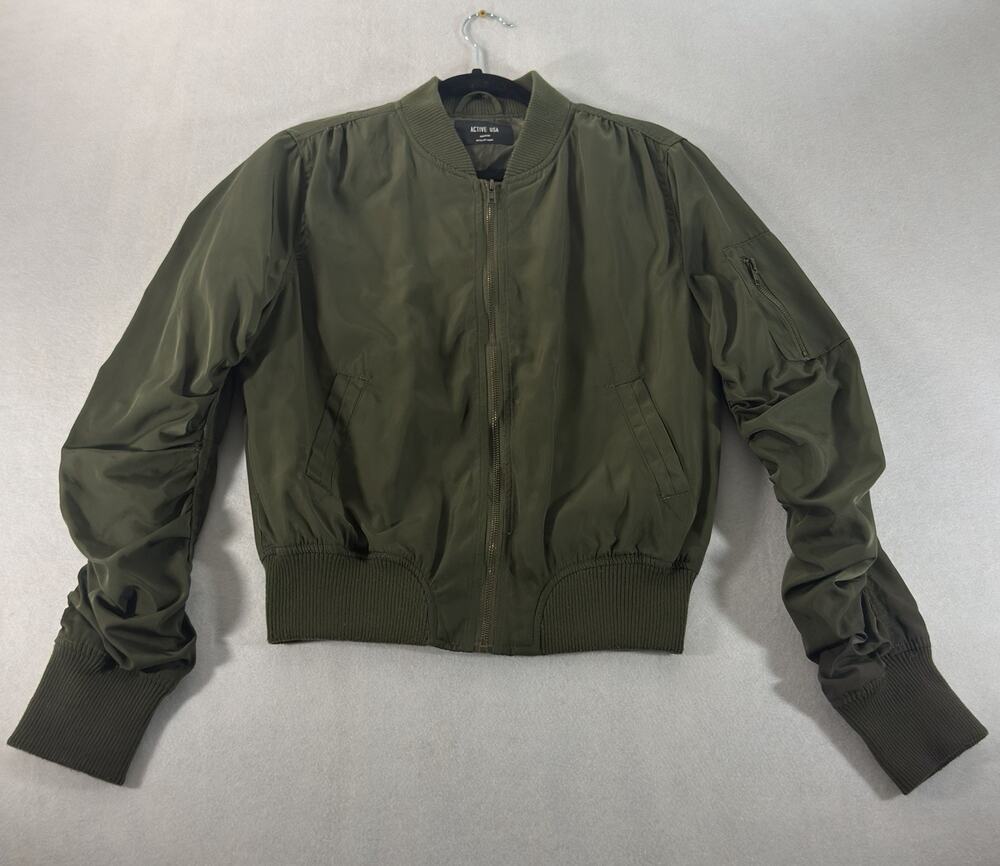 Active USA Olive Green Ruched Bomber Jacket Medium